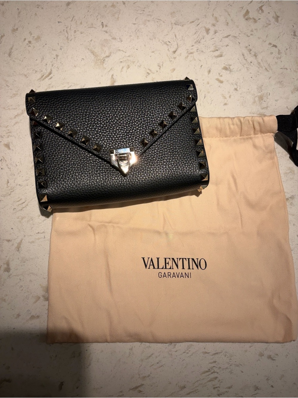 Valentino Garavani Black Pebbled Leather Rockstud Envelope Clutch